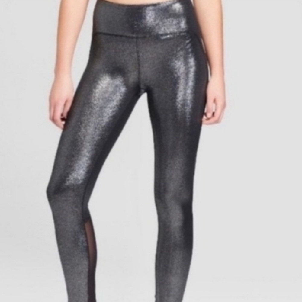 JoyLab High Rise Shiny Metallic Gunmetal Mesh Leggings